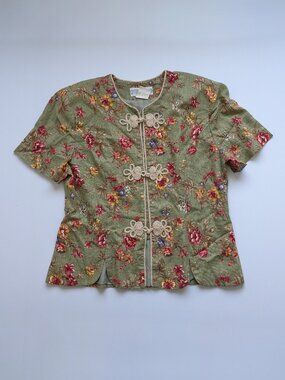 Vintage 90s Jessica Howard Linen Blend Top 14 Chest 41" Floral Cottagecore Green